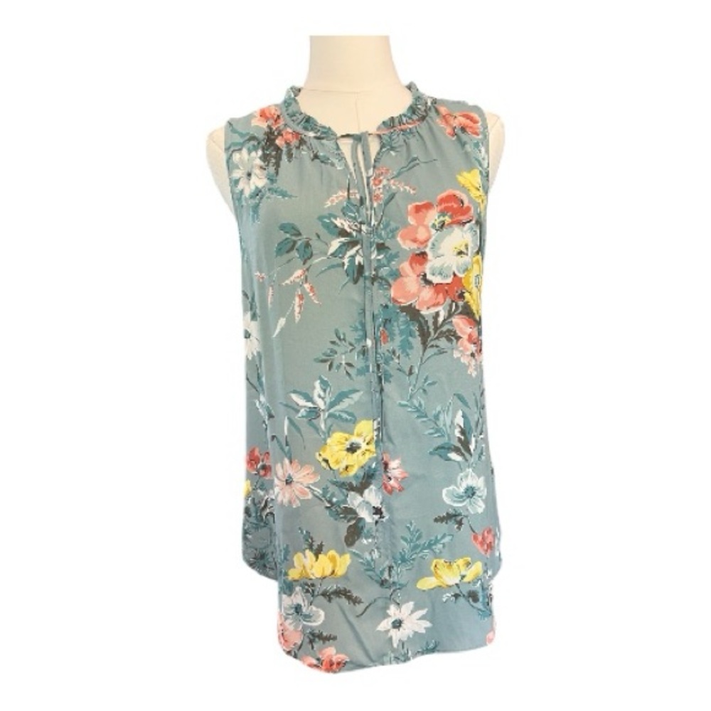 LOFT Sleeveless Floral Tie-Neck Blouse in Teal with Yellow & Coral Flowers